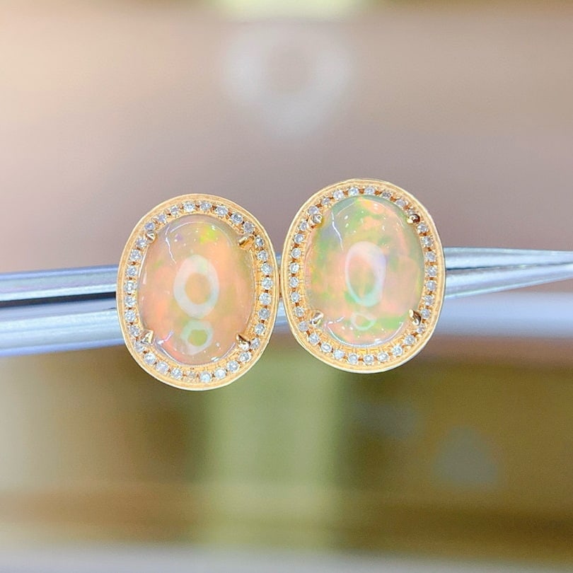 14k Gold 3.5 Ct Natural Opal & Diamond Earrings - 4