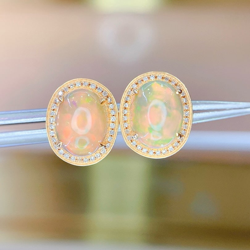 14k Gold 3.5 Ct Natural Opal & Diamond Earrings - 6