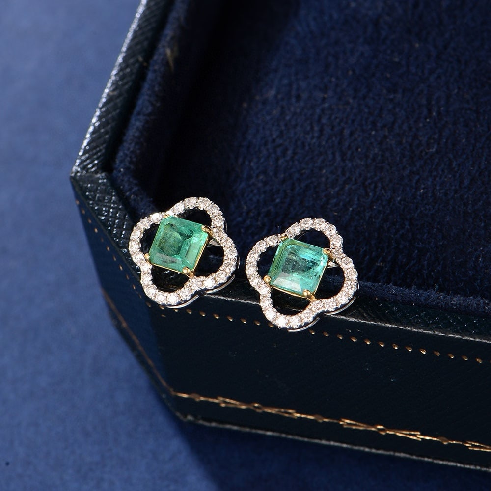 14k Gold 1.65 Ctw Natural Emerald & Diamond Earrings - 4