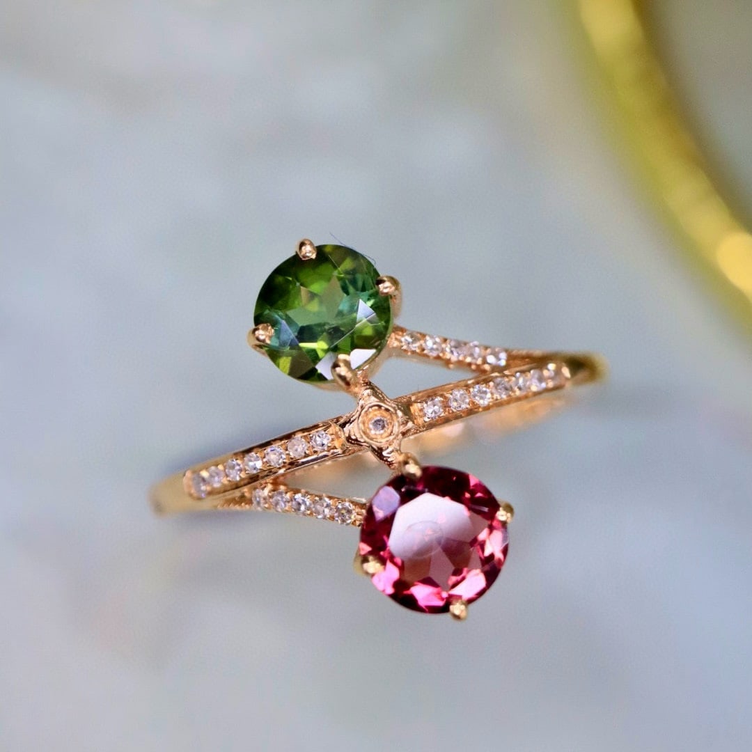14k Gold 1.20 Ctw Natural Tourmaline & Diamond & Toi Et Moi Ring: Ref:230941011 // gold content:14k gold // ring size:7. 25us // // main gemstone:tourmaline // shape:round // carat weight:1. 0ct // color:color // treatment:natural // cut grade:g // // adjacent gemst