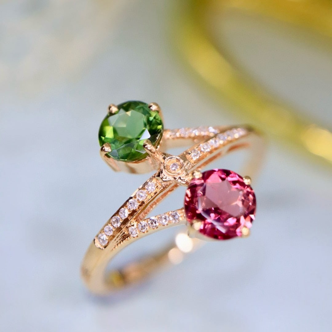 14k Gold 1.20 Ctw Natural Tourmaline & Diamond & Toi Et Moi Ring - 2