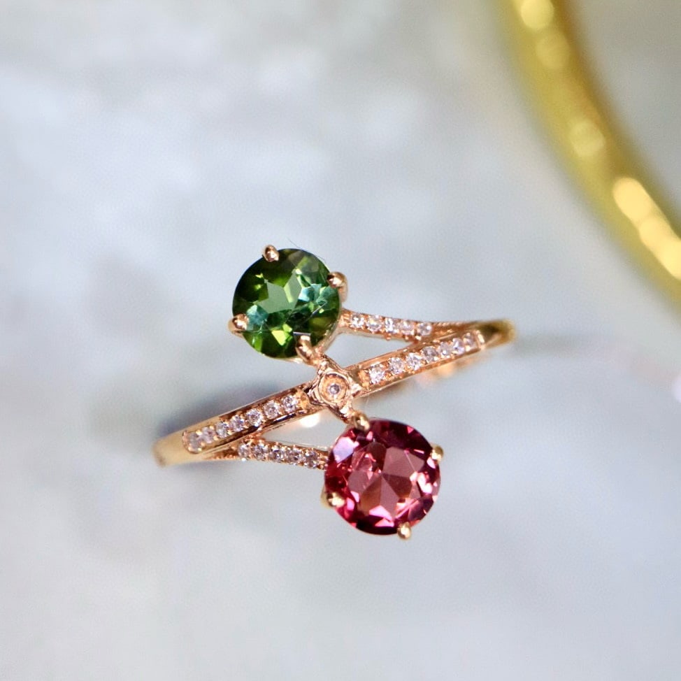 14k Gold 1.20 Ctw Natural Tourmaline & Diamond & Toi Et Moi Ring - 3
