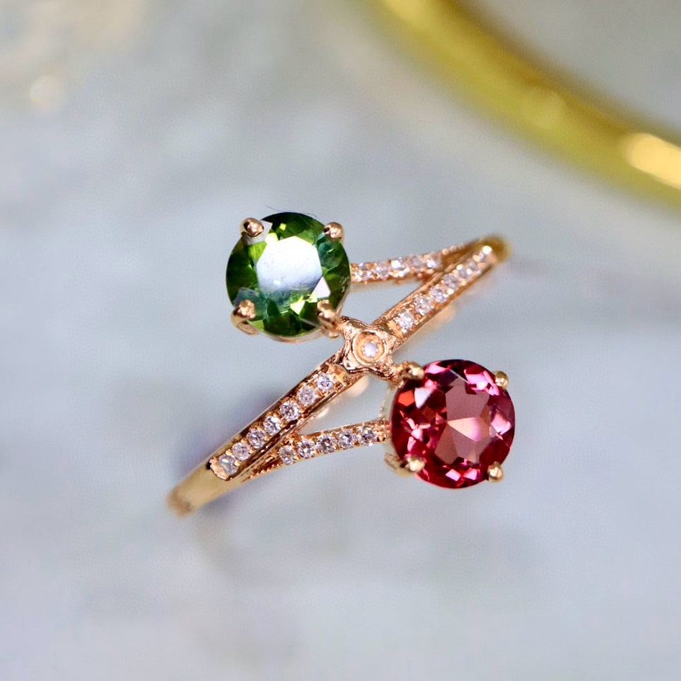 14k Gold 1.20 Ctw Natural Tourmaline & Diamond & Toi Et Moi Ring - 4
