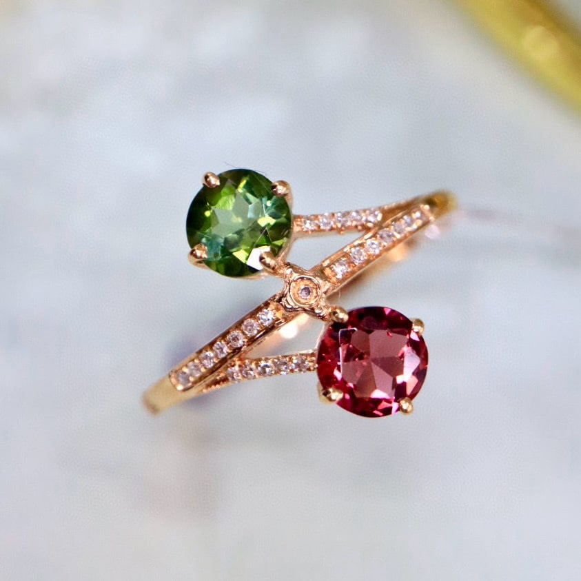 14k Gold 1.20 Ctw Natural Tourmaline & Diamond & Toi Et Moi Ring - 5