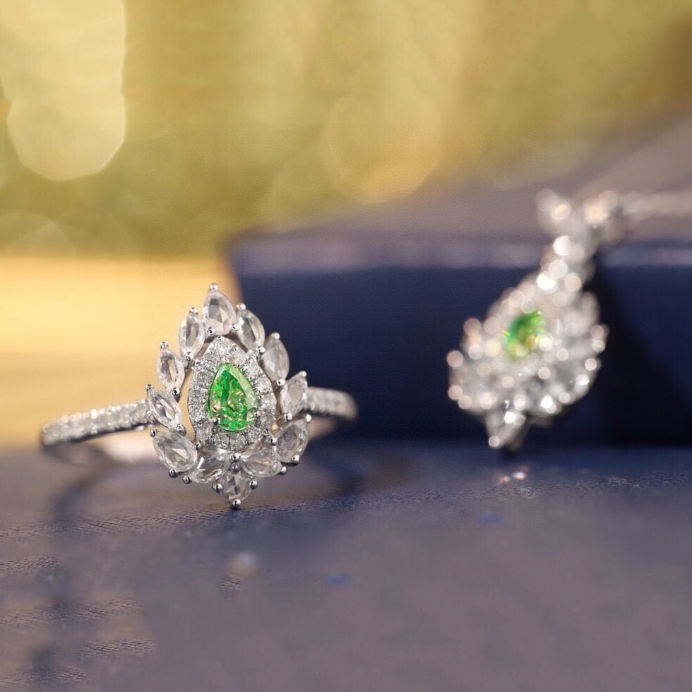 14k Gold 1.90 Ctw Natural Green Diamond & Sapphire & Diamond Jewelry Set - 2