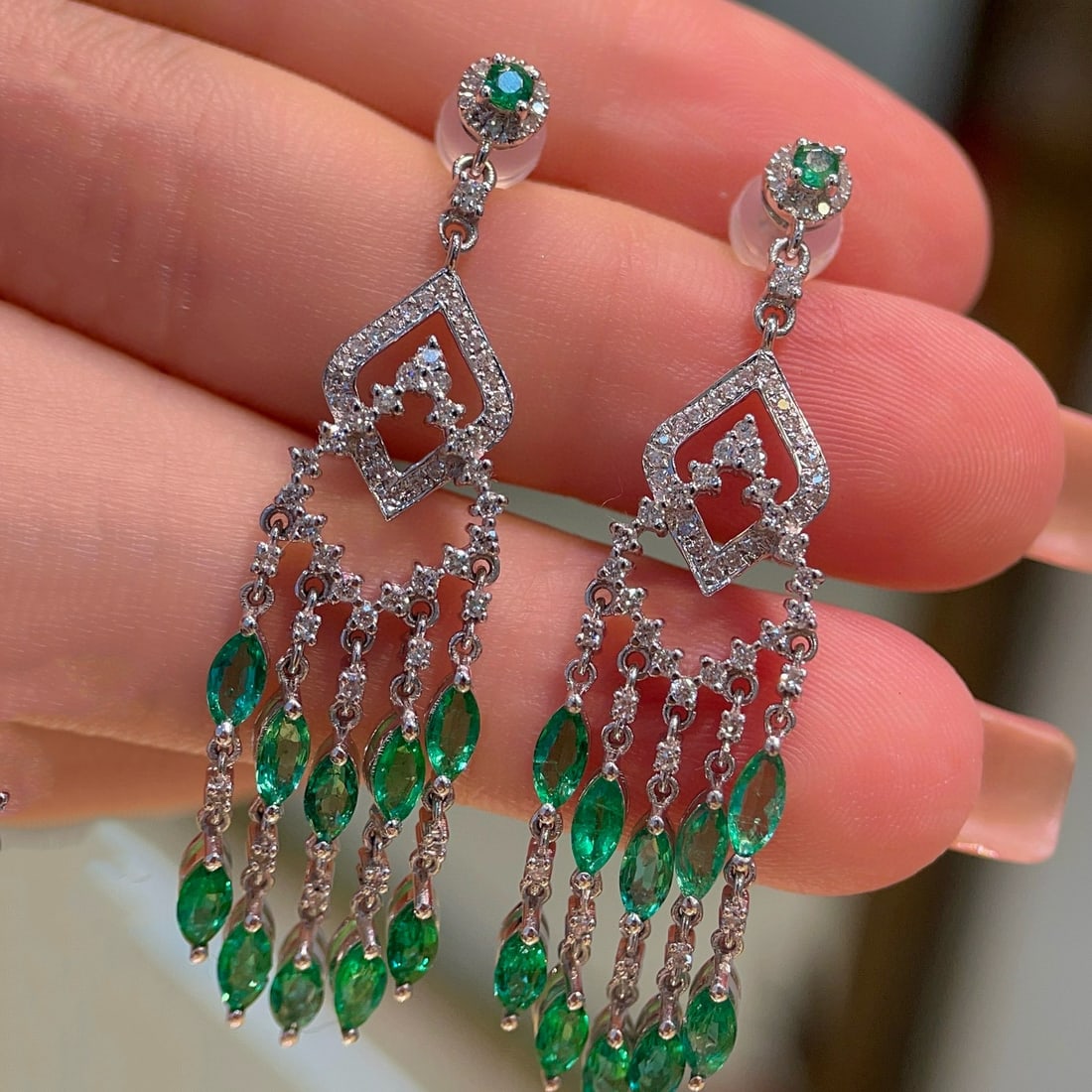14k Gold 3.26 Ctw Natural Emerald & Diamond Earrings - 4