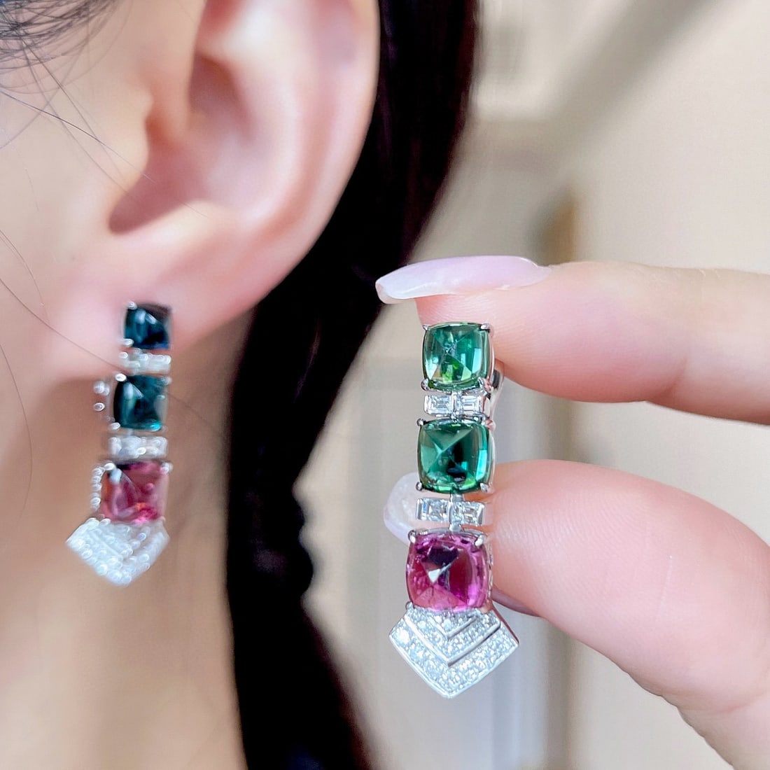 14k Gold 8.5 Ctw Natural Tourmaline & Diamond Earrings - 5