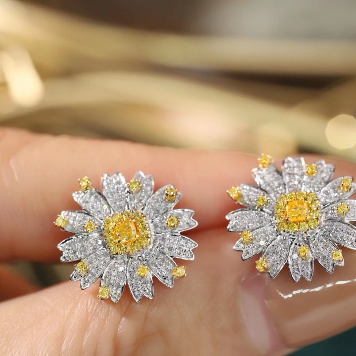 14k Gold 0.90 Ct Natural Color Diamond & Flowers Earrings - 3