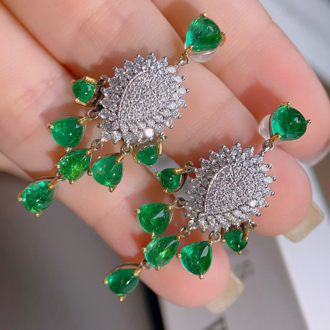 14k Gold 9.78 Ctw Vivid Green Natural Emerald & Diamond Earrings - 2