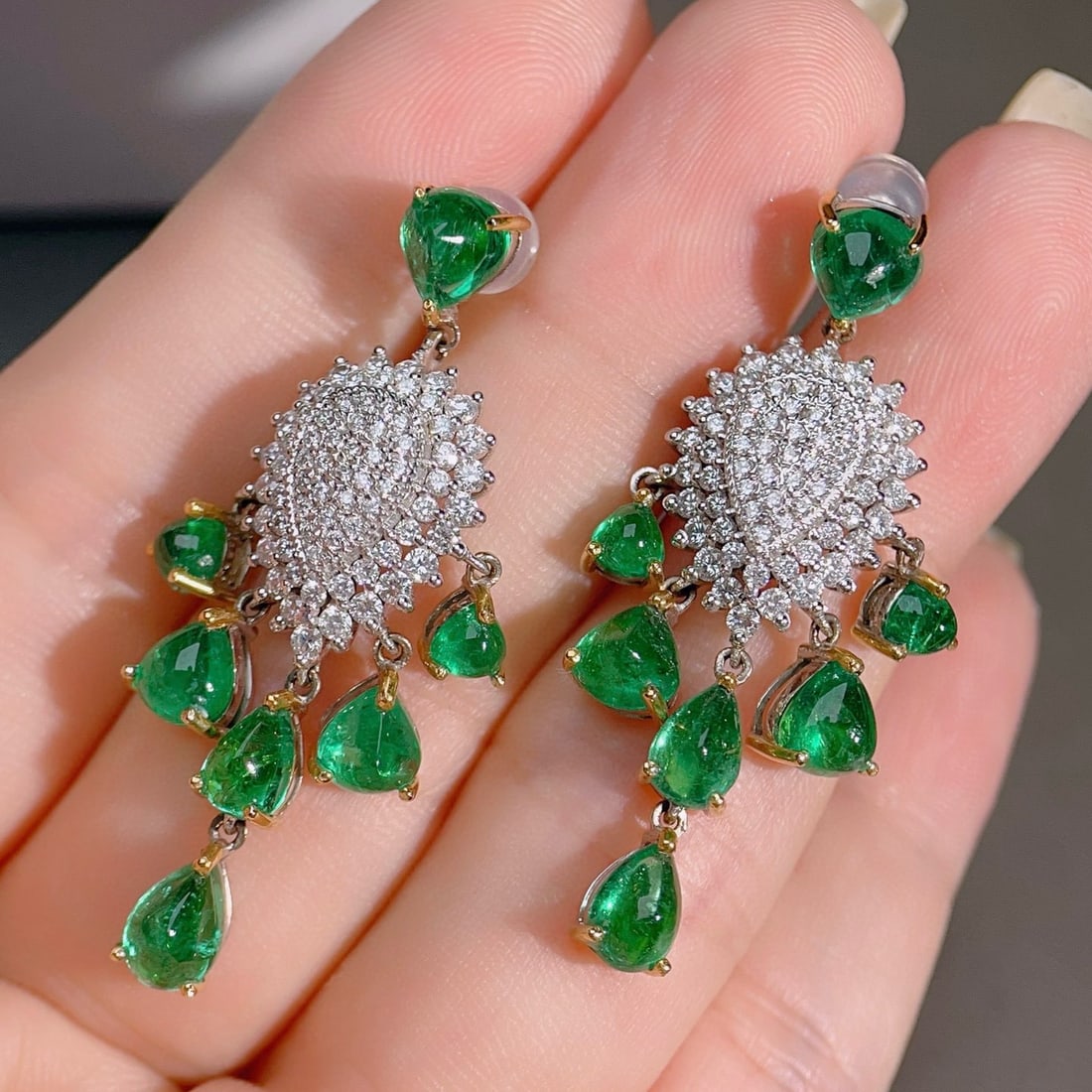14k Gold 9.78 Ctw Vivid Green Natural Emerald & Diamond Earrings - 3