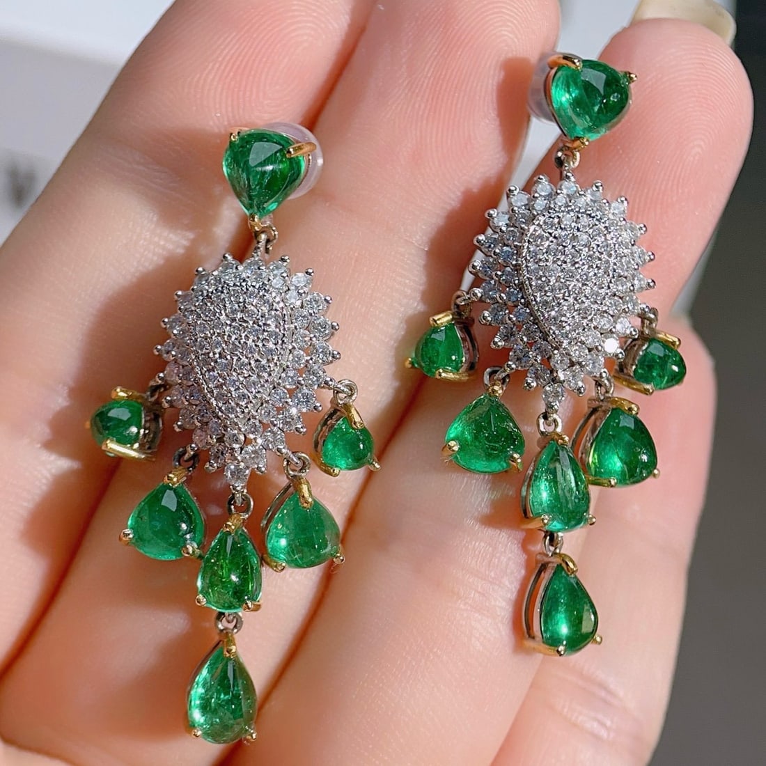 14k Gold 9.78 Ctw Vivid Green Natural Emerald & Diamond Earrings - 4