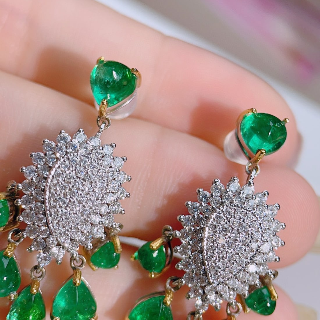 14k Gold 9.78 Ctw Vivid Green Natural Emerald & Diamond Earrings - 5