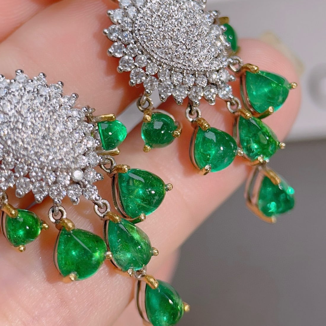 14k Gold 9.78 Ctw Vivid Green Natural Emerald & Diamond Earrings - 7