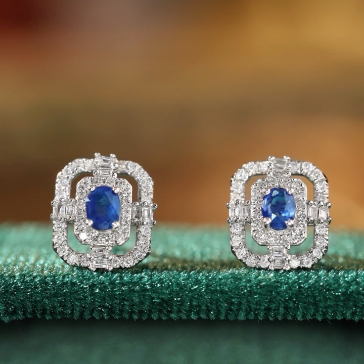 14k Gold 0.96 Ctw Natural Sapphire & Diamond Earrings: Ref:230941054 // gold content:14k gold // main gemstone:sapphire // shape:oval // carat weight:0. 56ct // color:blue // treatment:natural // // adjacent gemstone 2 : diamond // shape:multiply // carat