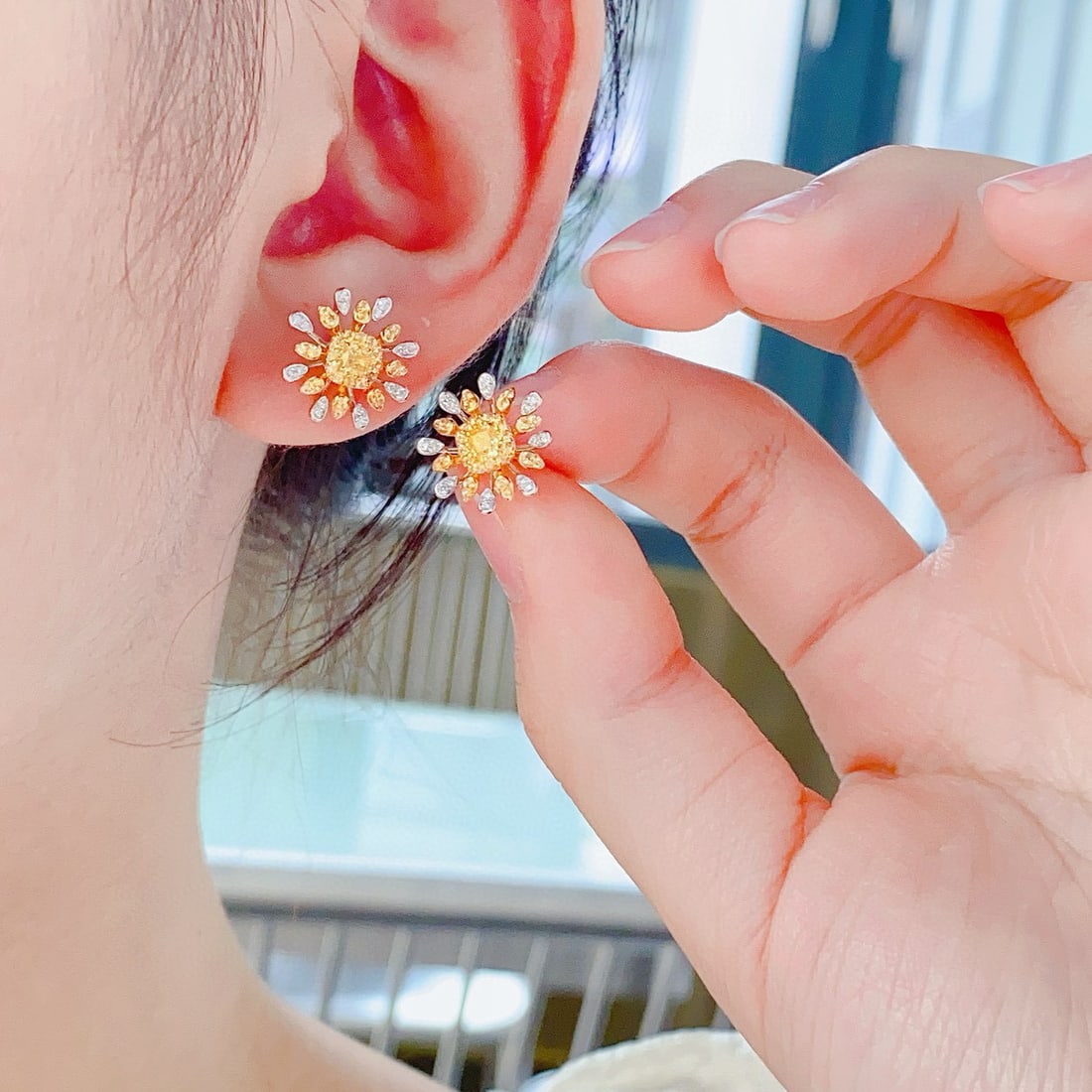 14k Gold 0.70 Ctw Natural Yellow Diamond & Diamond Earrings - 5