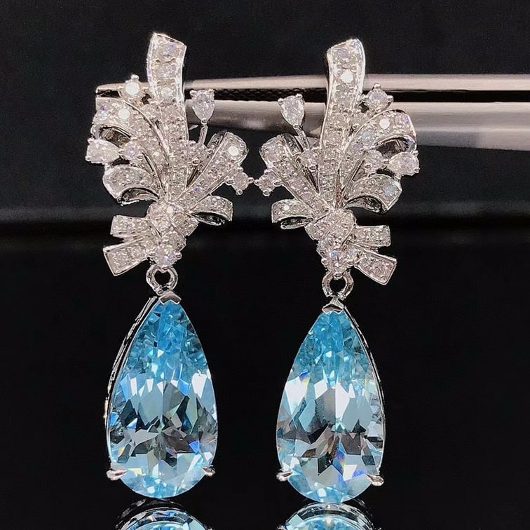 14k Gold 7.77 Ctw Natural Aquamarine & Diamond Earrings - 2