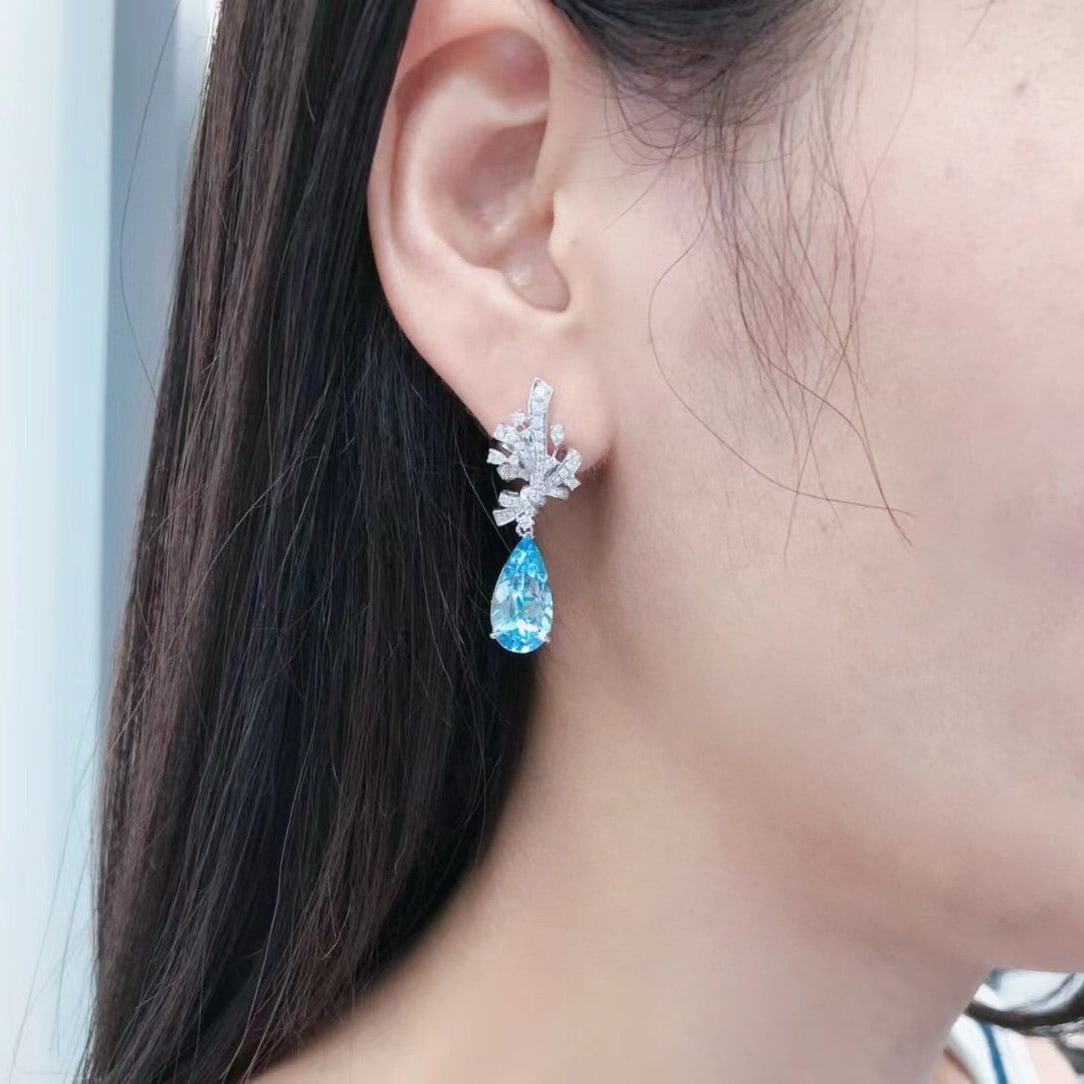 14k Gold 7.77 Ctw Natural Aquamarine & Diamond Earrings - 3