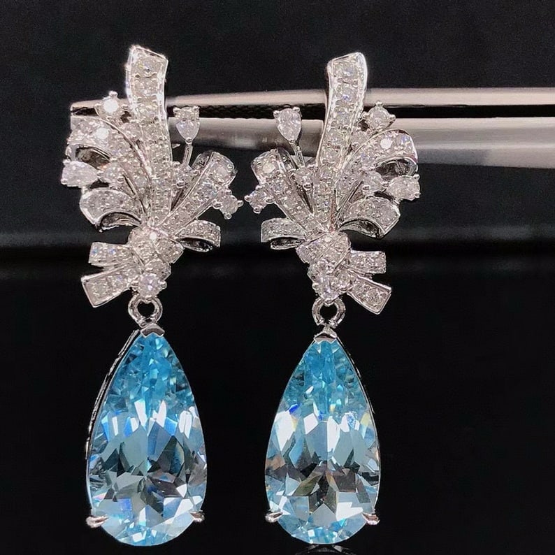 14k Gold 7.77 Ctw Natural Aquamarine & Diamond Earrings - 4