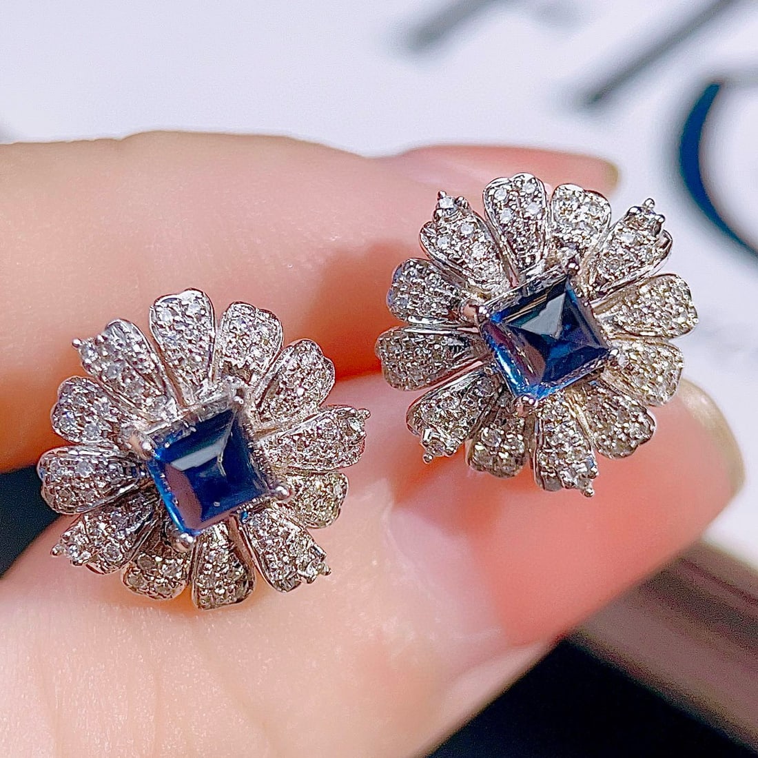 14k Gold 2.01 Ctw Natural Sapphire & Diamond & Flowers Earrings - 2