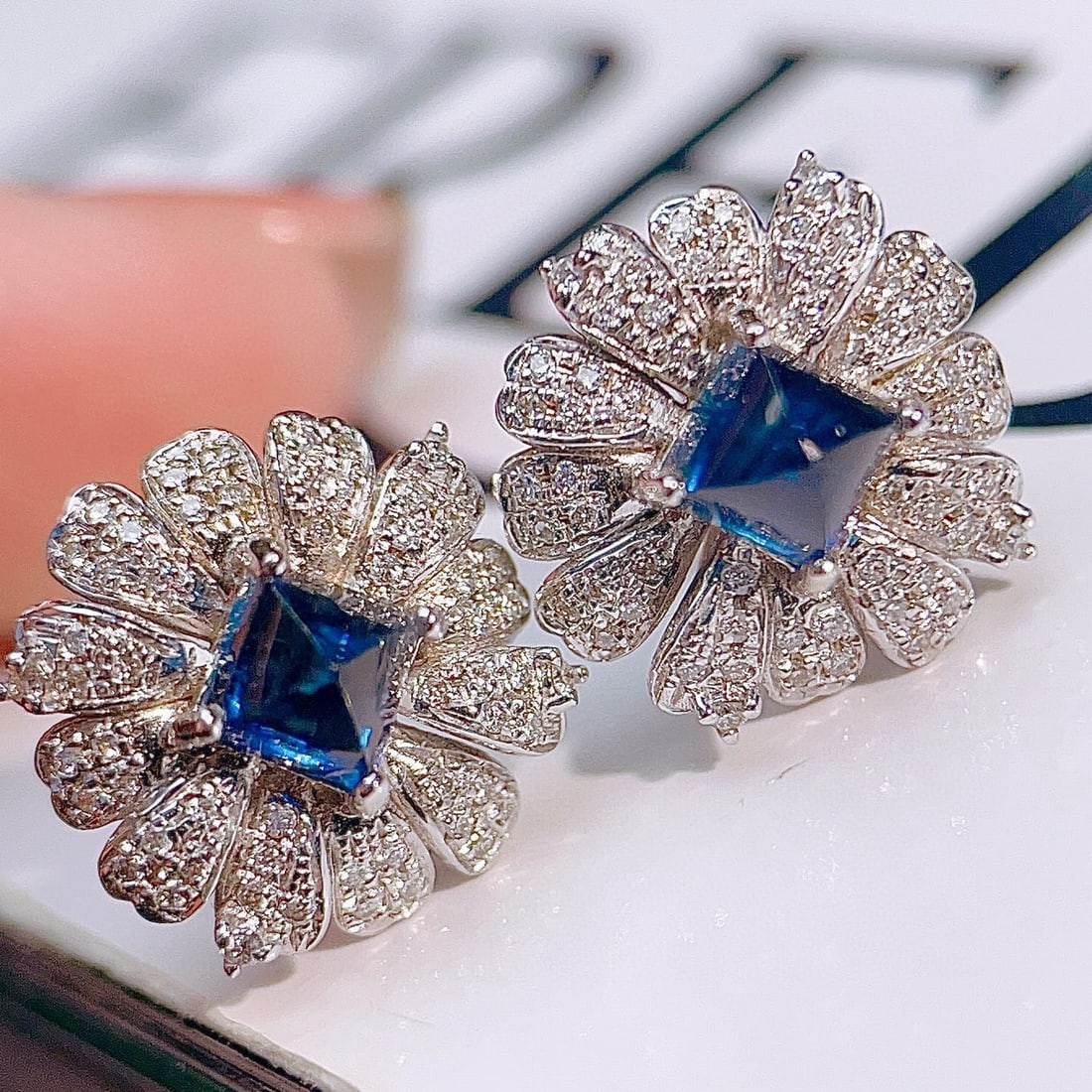 14k Gold 2.01 Ctw Natural Sapphire & Diamond & Flowers Earrings - 6