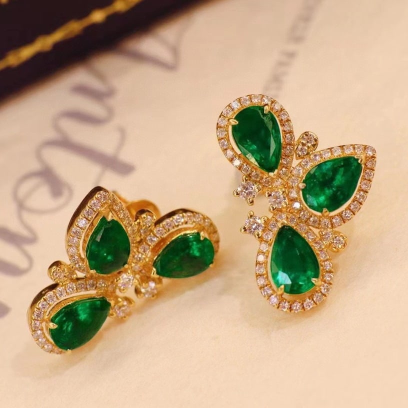 14k Gold 3.15 Ctw Vivid Green Natural Emerald & Diamond Earrings - 3