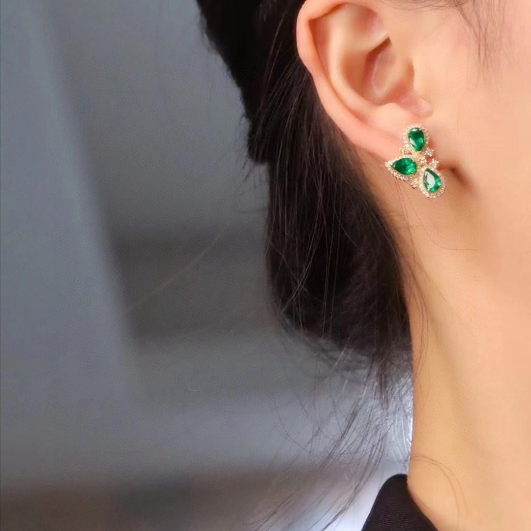 14k Gold 3.15 Ctw Vivid Green Natural Emerald & Diamond Earrings - 4