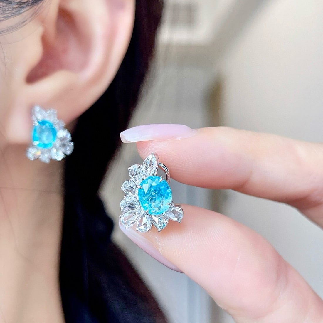 14k Gold 3.5 Ctw Natural Paraiba Tourmaline & Diamond Earrings - 6