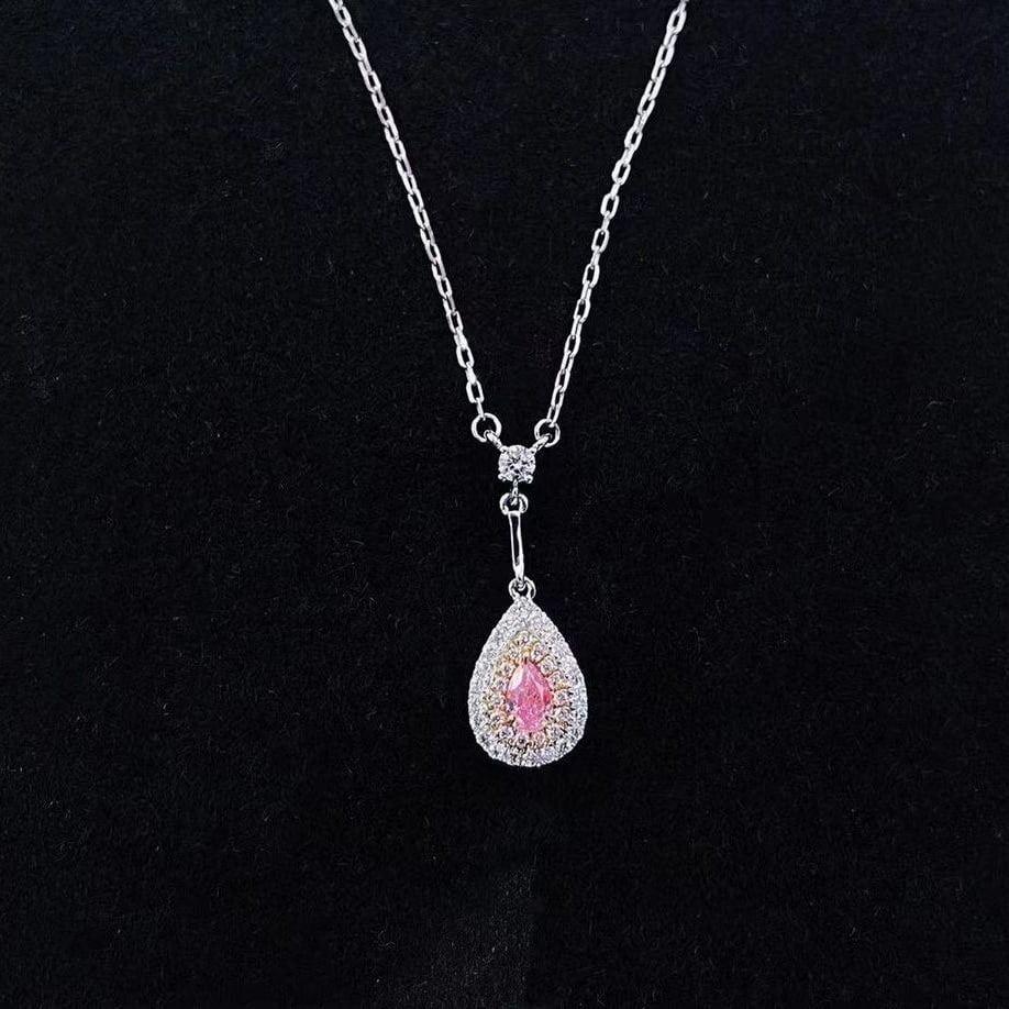 14k Gold 0.30 Ctw Natural Pink Diamond & Diamond Necklace: Ref:230941105 // gold content:14k gold // main gemstone:pink diamond // shape:pear // carat weight:0. 14ct // color:pink // treatment:natural // // adjacent gemstone 2 : diamond // shape:round //