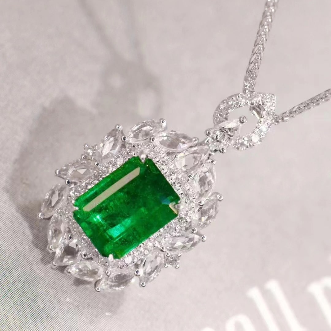 14k Gold 1.1 Ct Vivid Green Natural Emerald & Diamond & Sapphire Pendant( Without Chain ) - 2