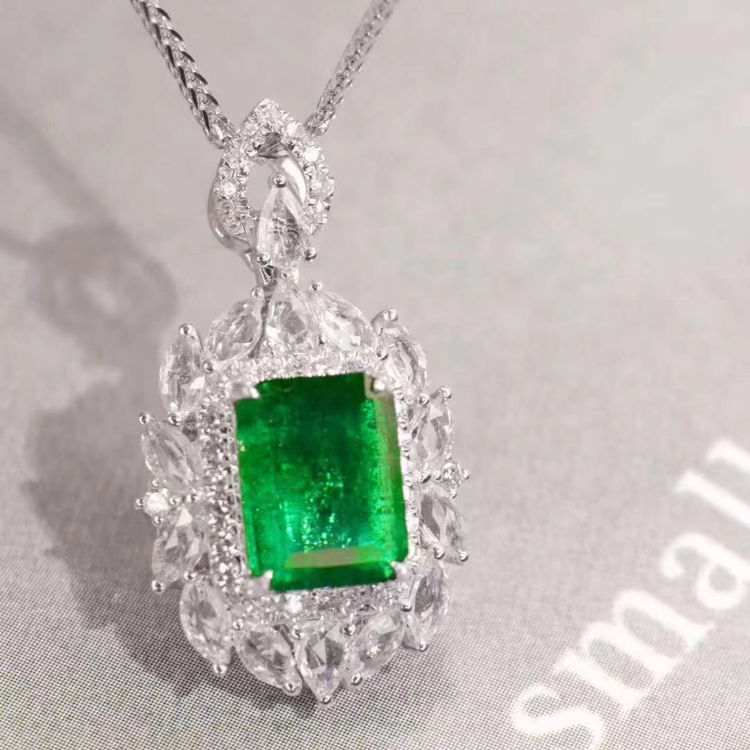 14k Gold 1.1 Ct Vivid Green Natural Emerald & Diamond & Sapphire Pendant( Without Chain ) - 4