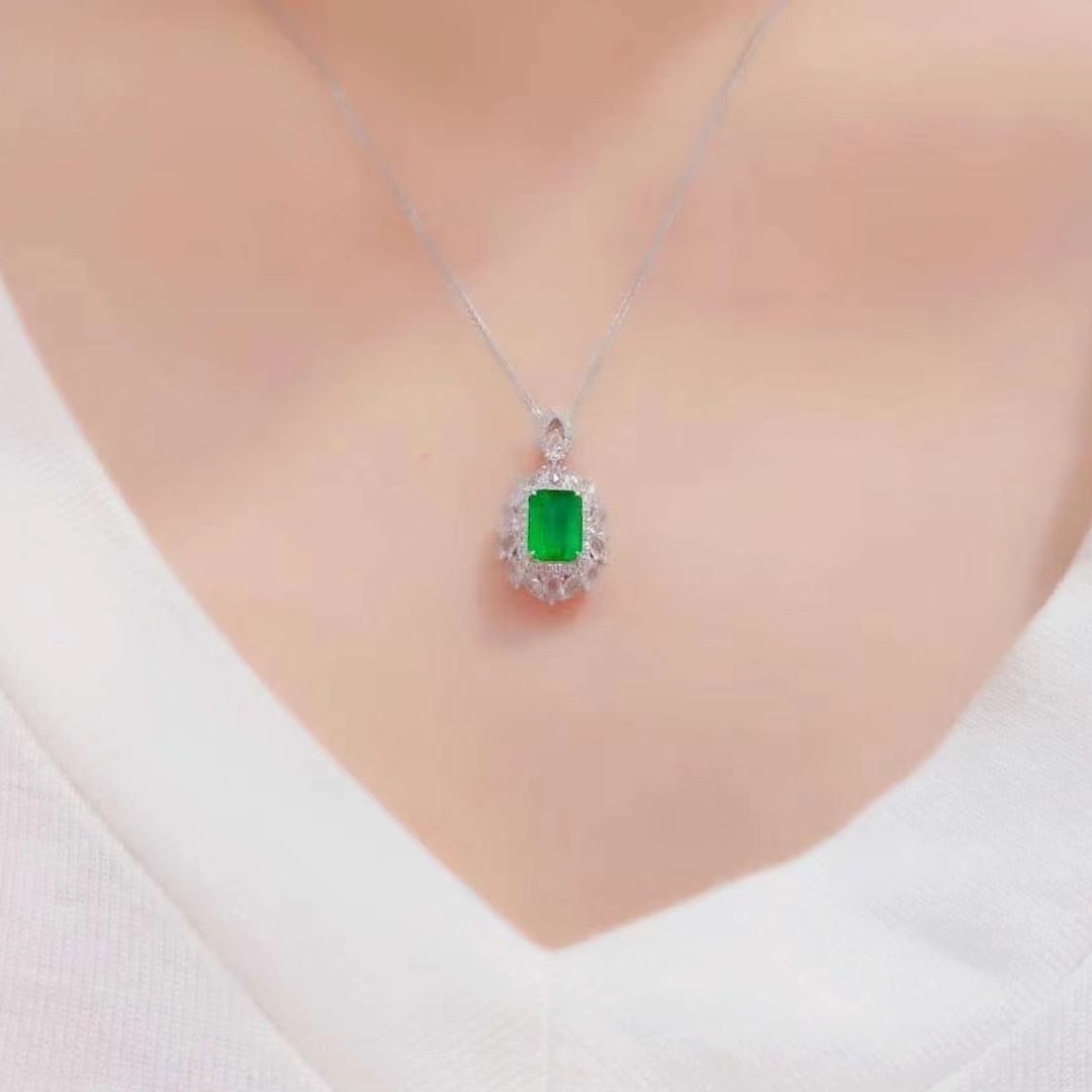 14k Gold 1.1 Ct Vivid Green Natural Emerald & Diamond & Sapphire Pendant( Without Chain ) - 5