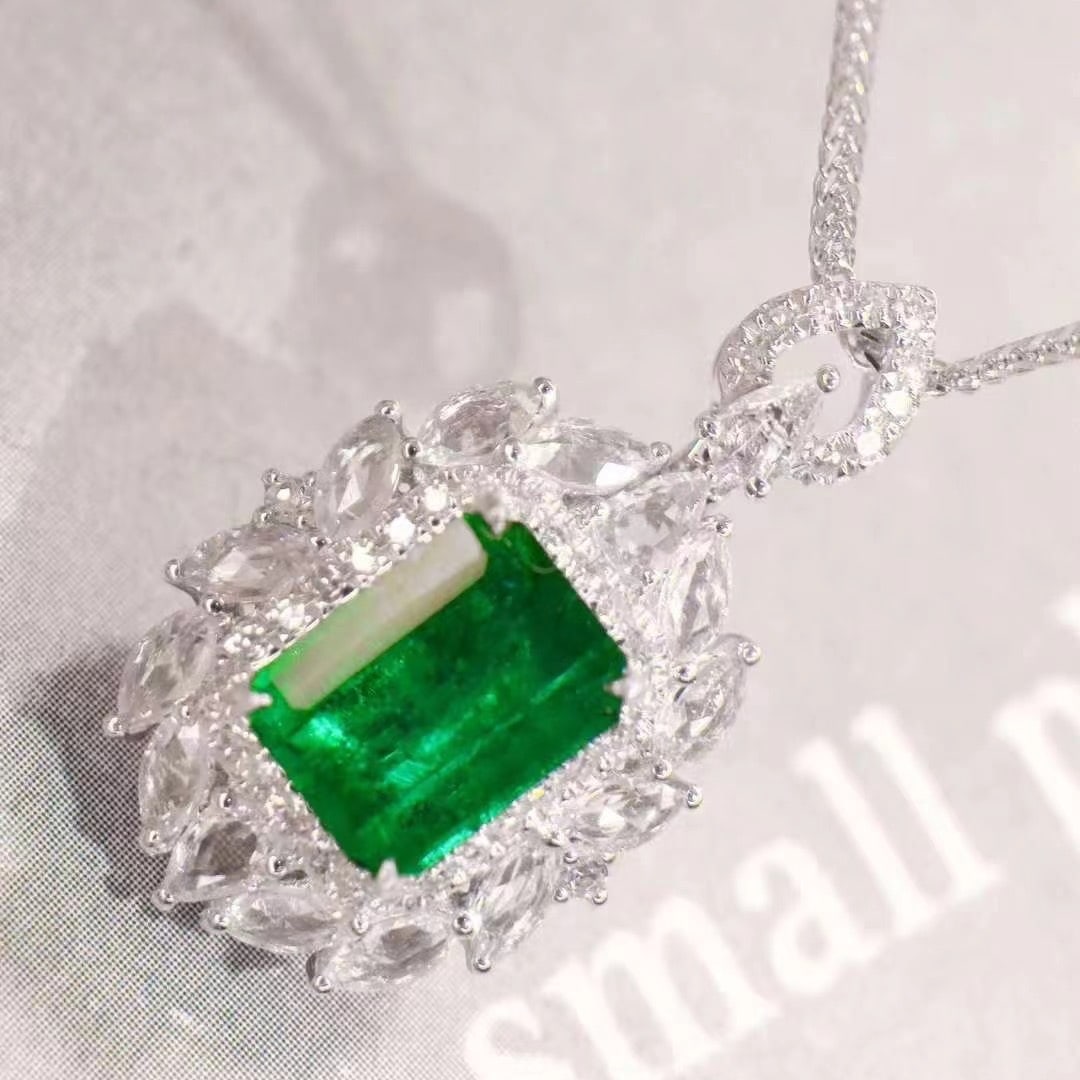 14k Gold 1.1 Ct Vivid Green Natural Emerald & Diamond & Sapphire Pendant( Without Chain ) - 6