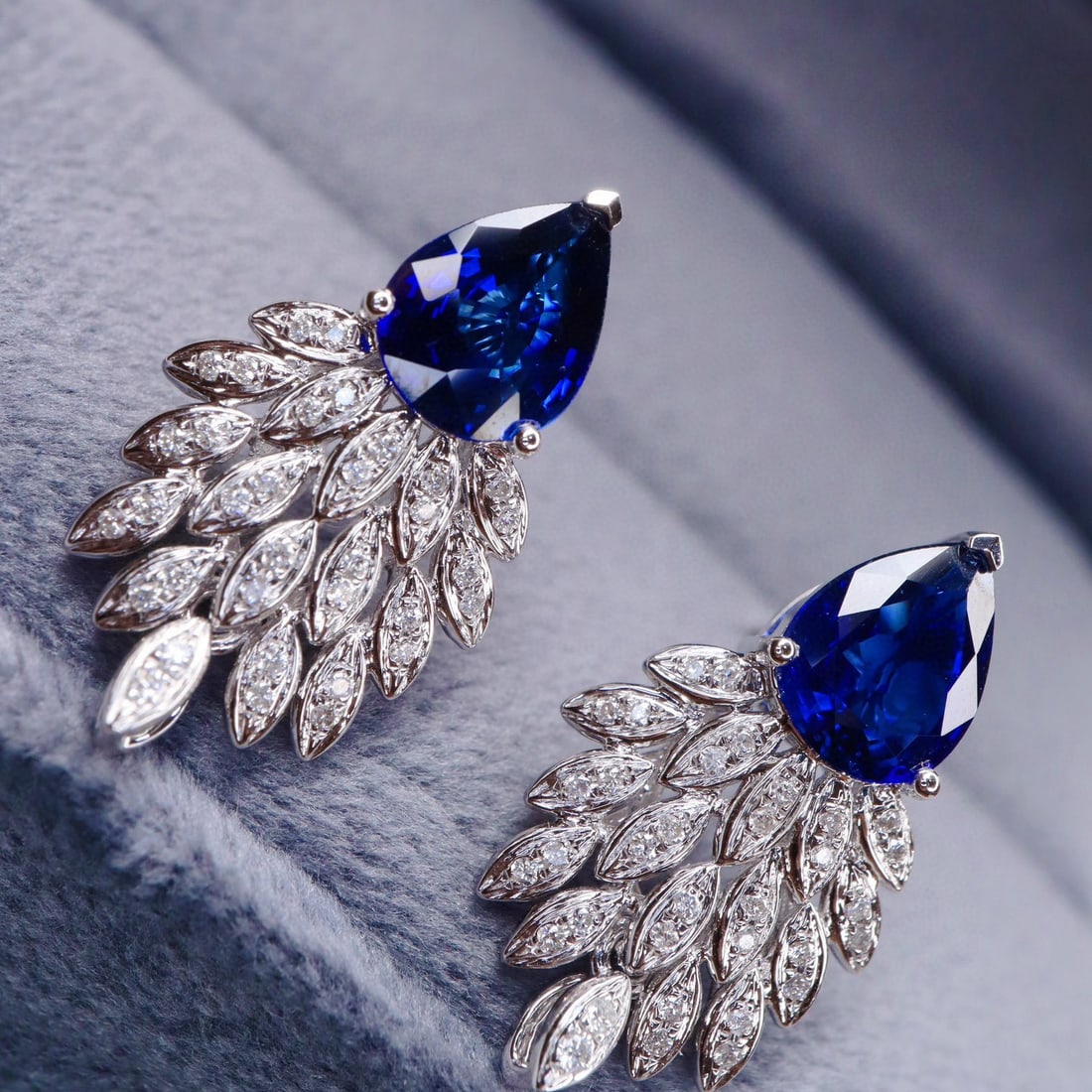 14k Gold 2.39 Ctw Natural Sapphire & Diamond Earrings: Ref:230941120 // gold content:14k gold // main gemstone:sapphire // shape:pear // carat weight:2. 18ct // color:royal blue // treatment:natural // // adjacent gemstone 2 : diamond // shape:round // ca