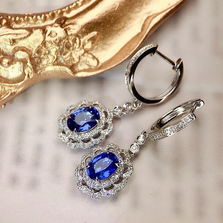 14k Gold 2.60 Ctw Natural Sapphire & Diamond Earrings - 4