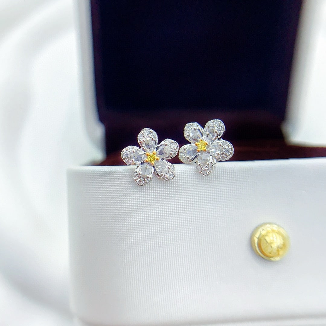 14k Gold 0.40 Ctw Natural Yellow Diamond & Diamond & Flowers Earrings - 3