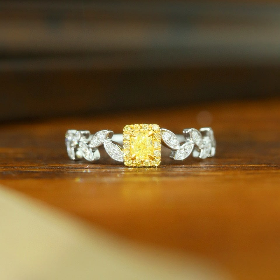 14k Gold 0.30 Ctw Natural Yellow Diamond & Diamond Ring: Ref:230941139 // gold content:14k gold // ring size:7. 25us // // main gemstone:yellow diamond // shape:cushion // carat weight:0. 14ct // color:yellow // treatment:natural // // adjacent gemstone