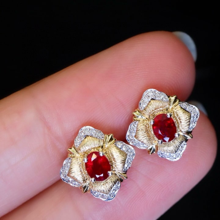 14k Gold 0.62 Ctw Natural Ruby & Diamond Earrings - 4