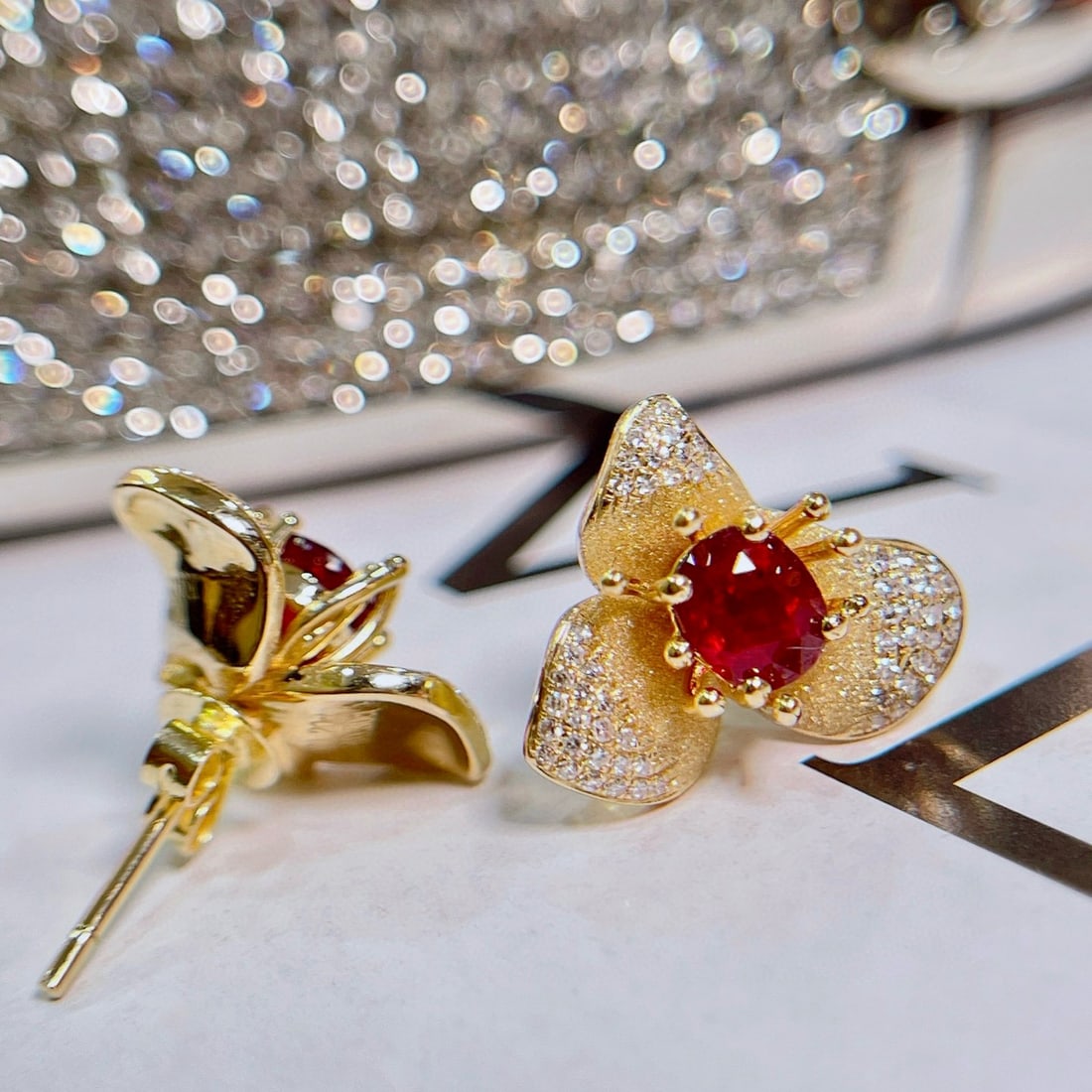 14k Gold 1.5 Ctw Natural Ruby & Diamond & Flowers Earrings - 2