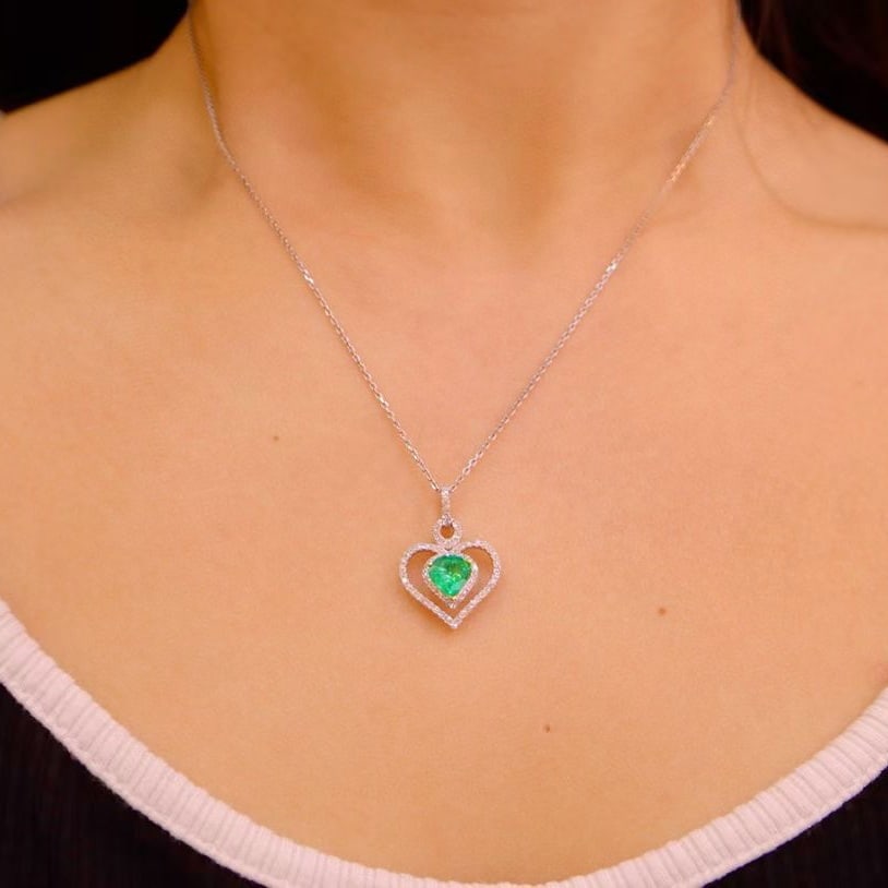 14k Gold 0.95 Ctw Natural Emerald & Diamond Pendant( Without Chain ) - 6