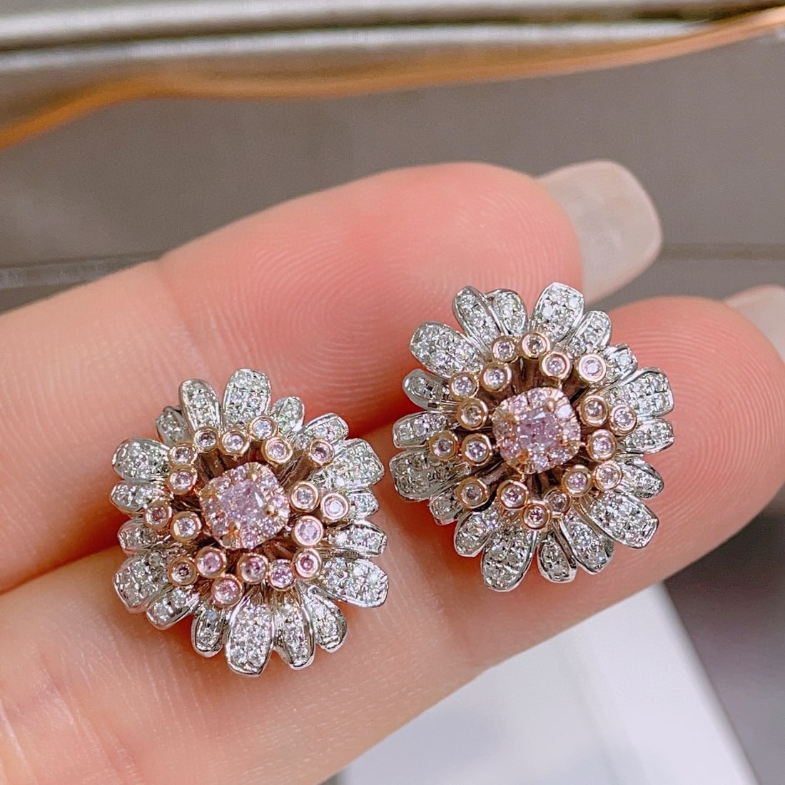 14k Gold 0.80 Ctw Natural Pink Diamond & Diamond & Flowers Earrings - 5
