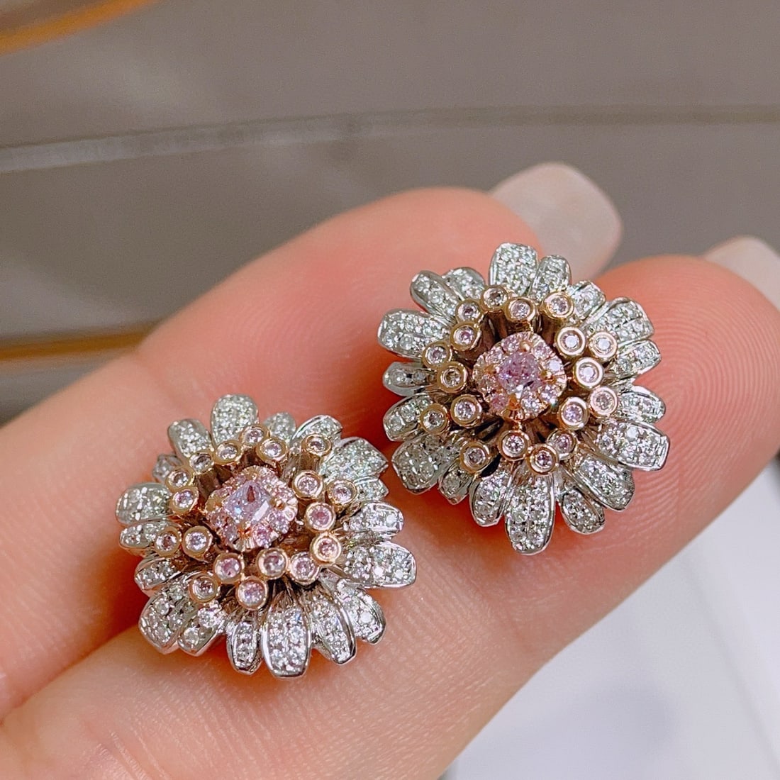 14k Gold 0.80 Ctw Natural Pink Diamond & Diamond & Flowers Earrings - 6