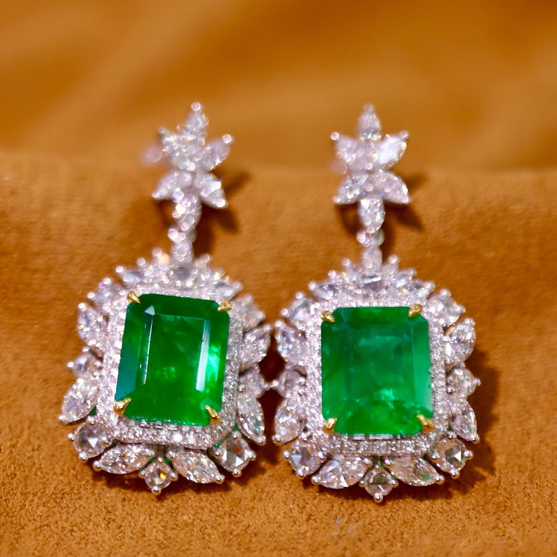 14k Gold 7.62 Ctw Vivid Green Natural Emerald & Diamond Earrings - 2