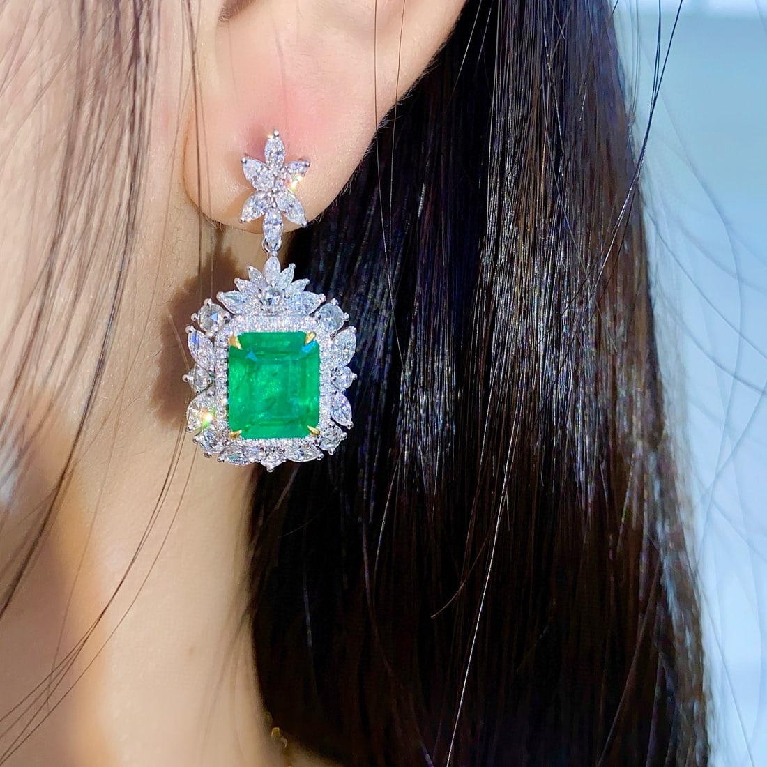 14k Gold 7.62 Ctw Vivid Green Natural Emerald & Diamond Earrings - 4