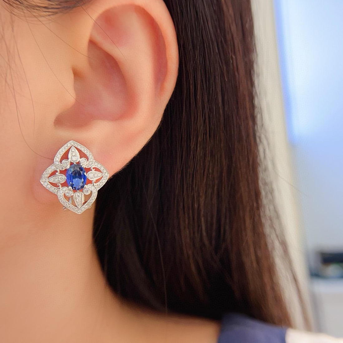 14k Gold 2.22 Ct Natural Sapphire & Diamond Earrings - 2