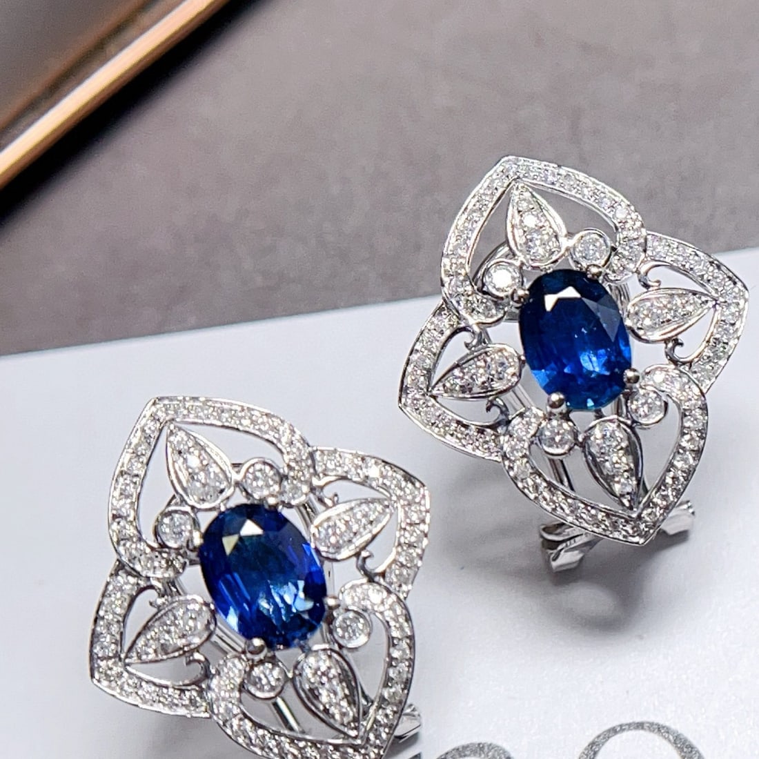 14k Gold 2.22 Ct Natural Sapphire & Diamond Earrings - 3