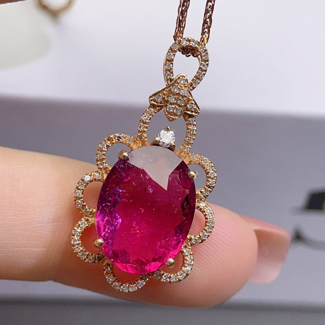 14k Gold 6 Ct Natural Tourmaline & Diamond Pendant( Without Chain ) - 3