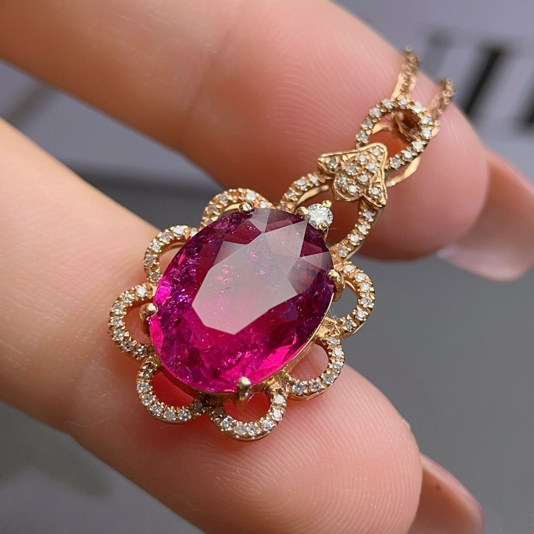 14k Gold 6 Ct Natural Tourmaline & Diamond Pendant( Without Chain ) - 4