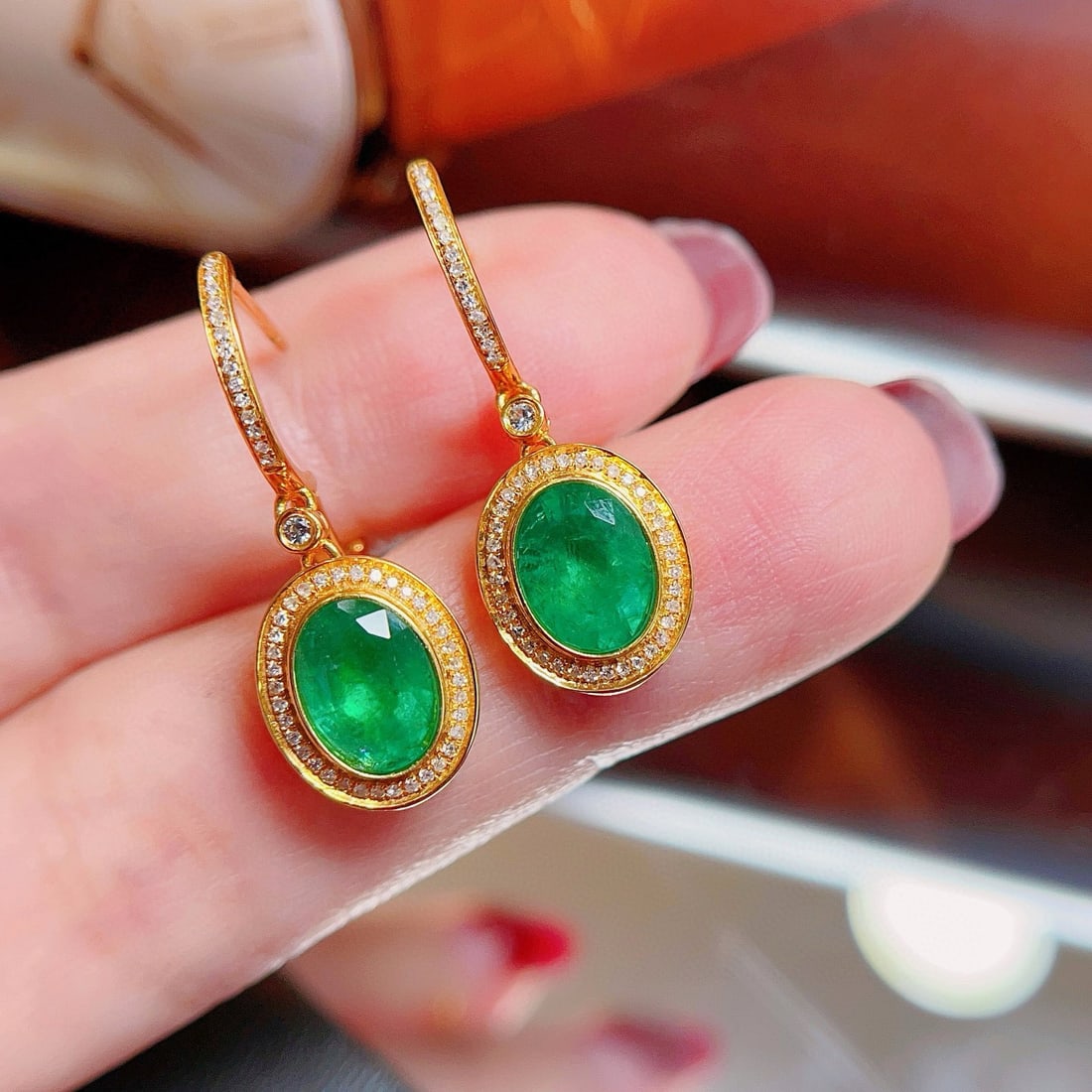 14k Gold 2 Ct Natural Emerald & Diamond & Sapphire Earrings - 4