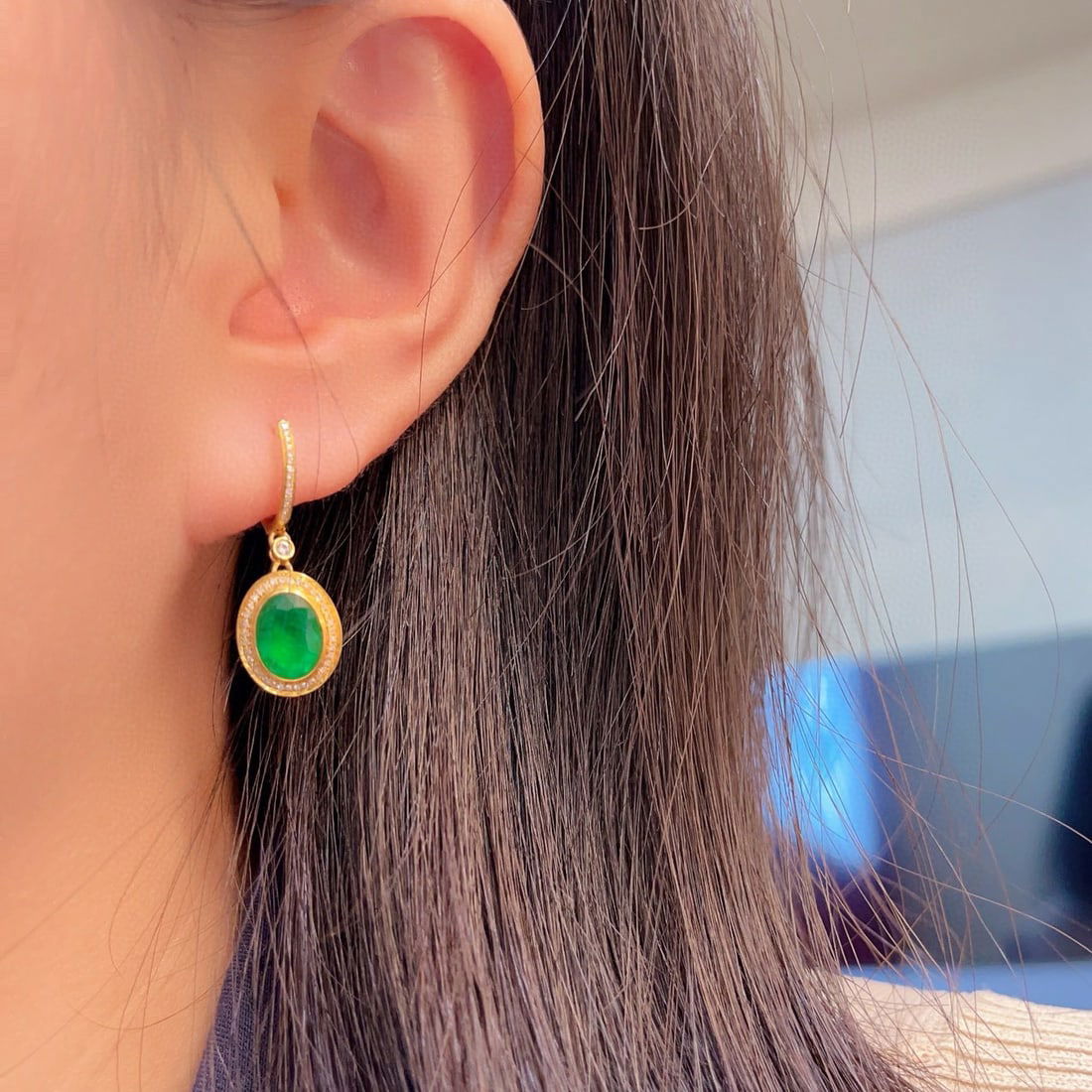 14k Gold 2 Ct Natural Emerald & Diamond & Sapphire Earrings - 5