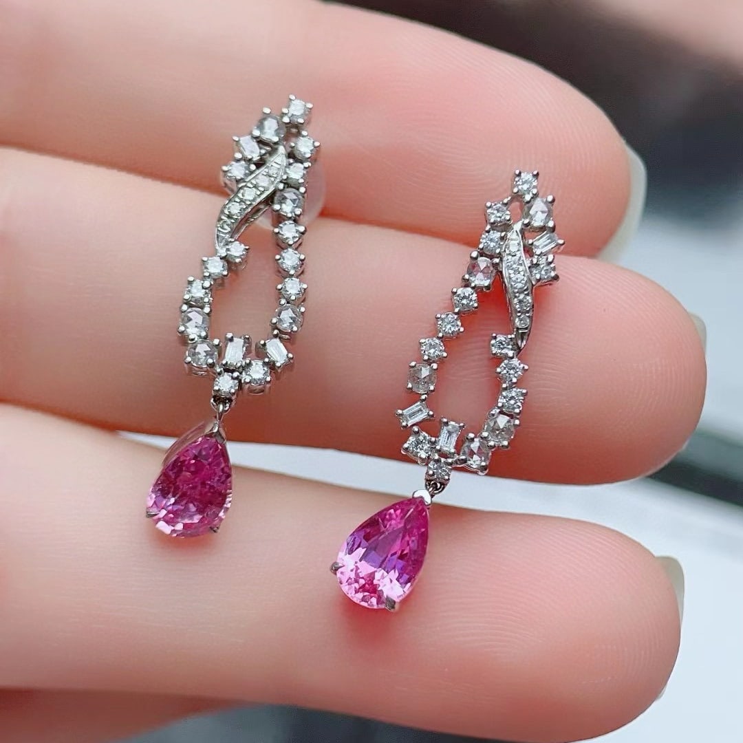 14k Gold 2.45 Ctw Natural Padparadscha Sapphire & Diamond Earrings - 2